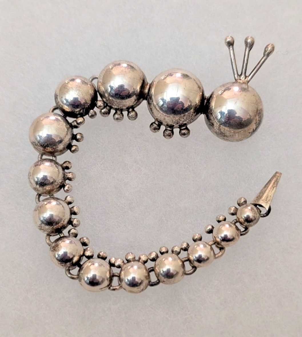 Vintage 925 Sterling silver Caterpillar Bug Insect Articulated 6.5″L Brooch Pin