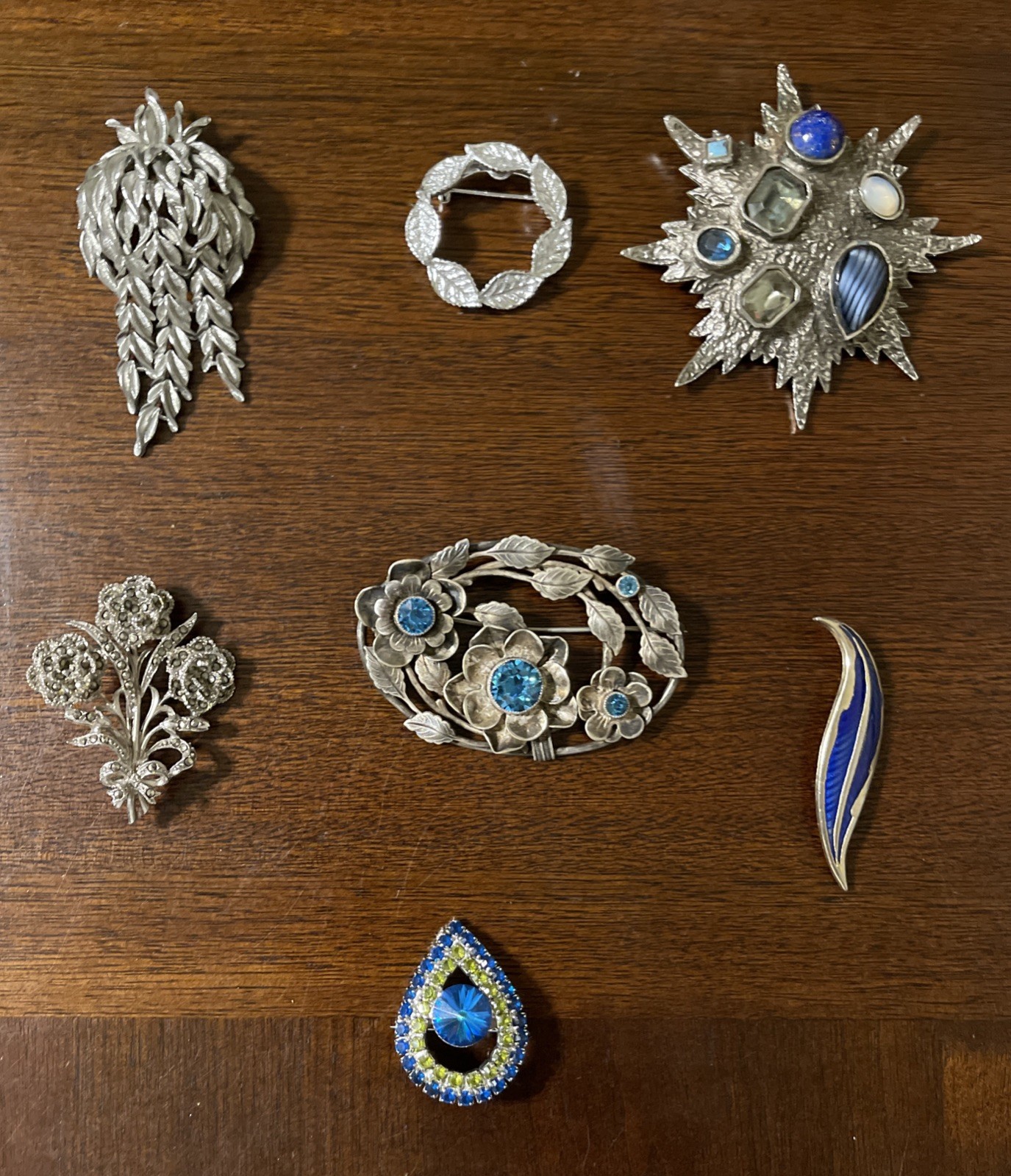 Vintage Brooch / Pin Lot (7) Silver Toned Blue Rhinestones Enamel Cabochon GUC
