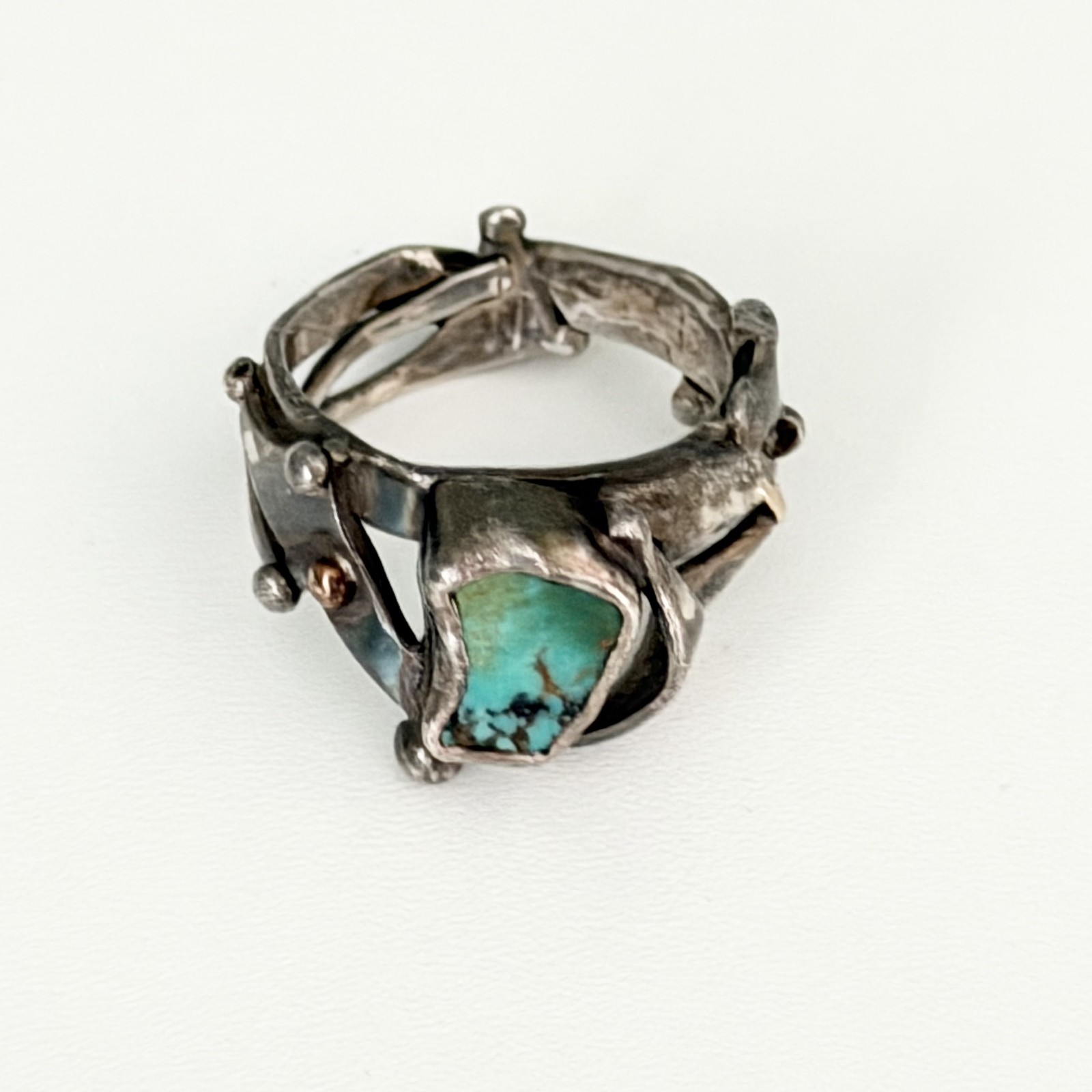 Vintage Brutalist Sterling Silver Turquoise Unique Modernist Ring Size 7