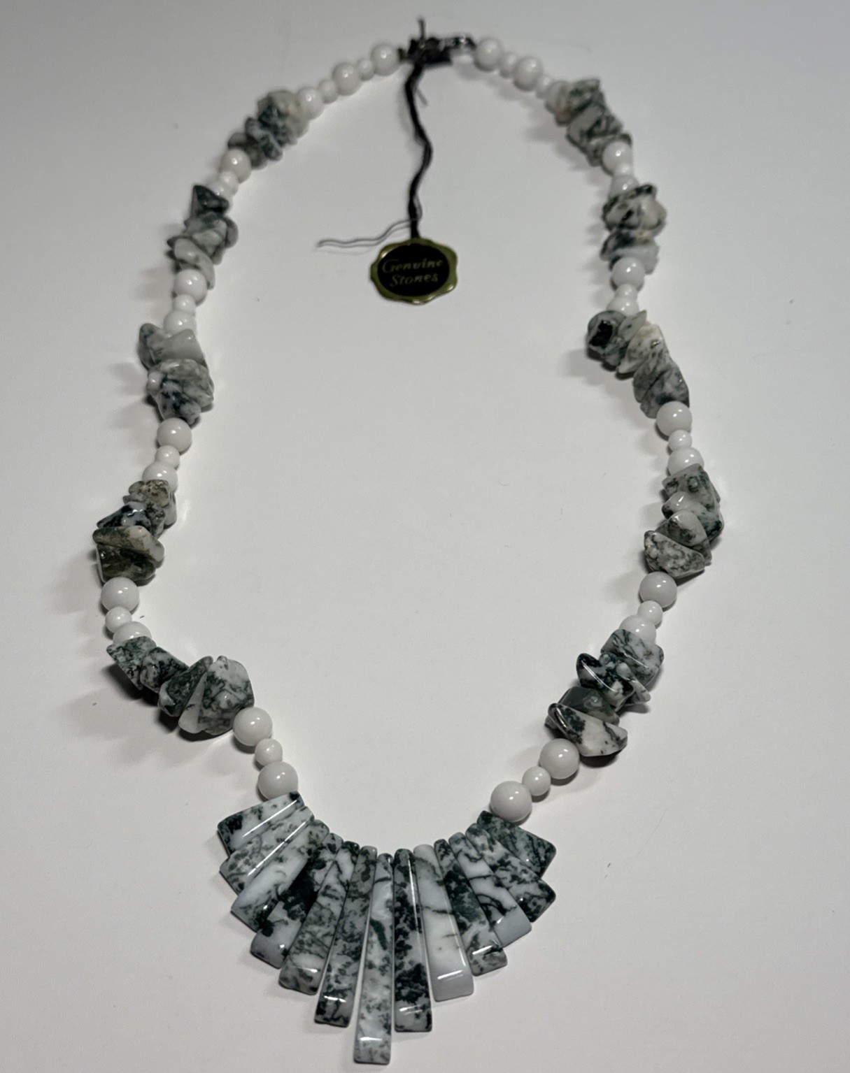 Moss Agate & White Bead Necklace Sterling Silver Clasp W/ Tag 17” Very Pretty