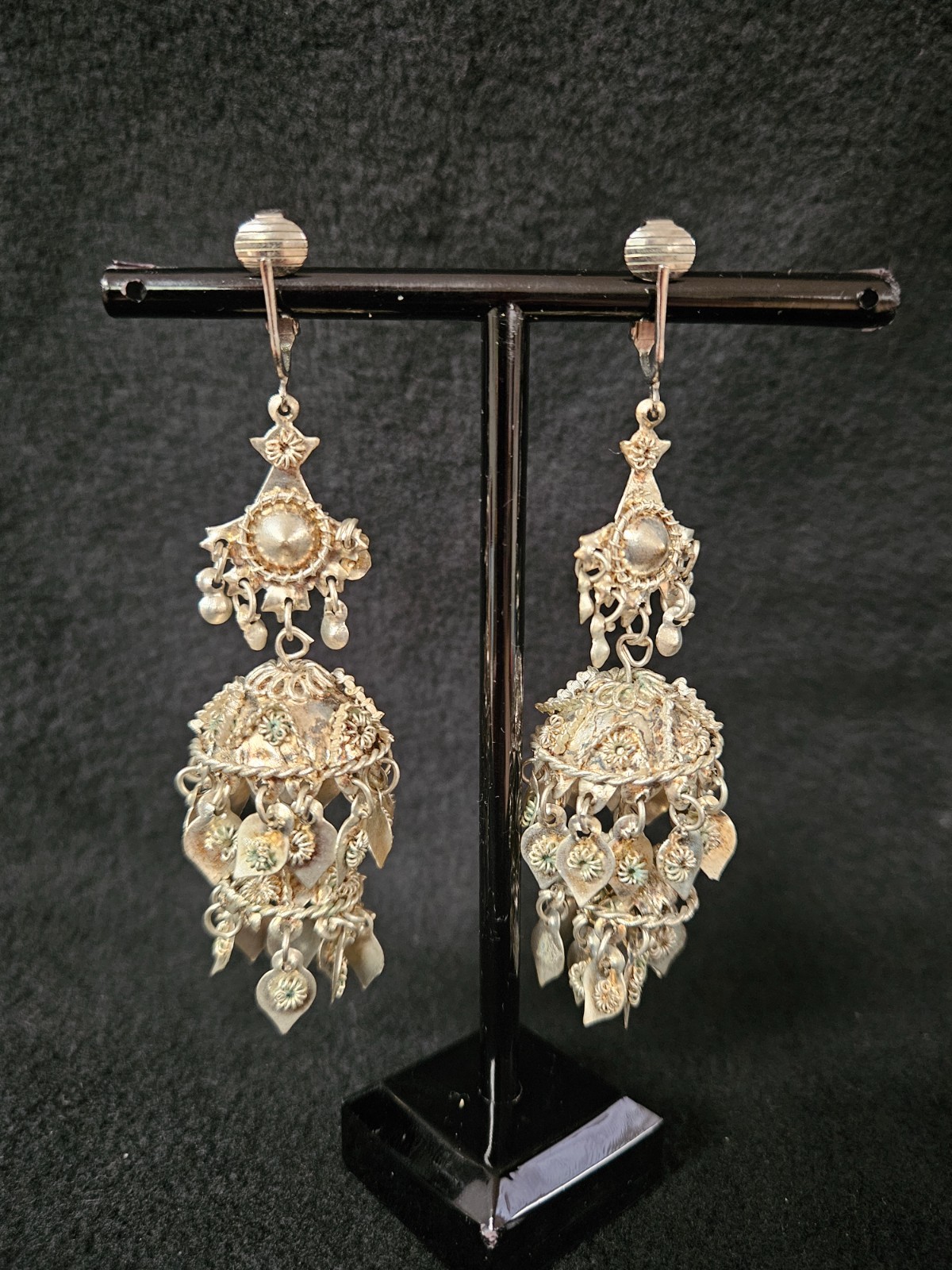 Jhumka Yemeni Clip Earrings Filigree Chandelier 3D Mid Century Antique