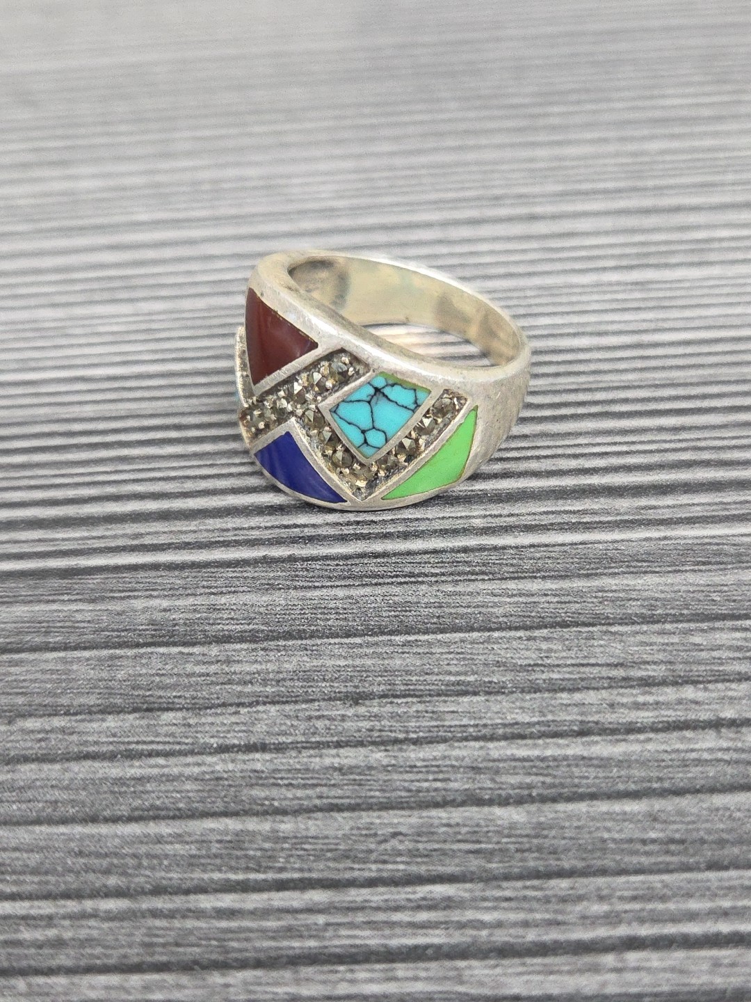 VTG Signed CW Sterling Silver 925 Marcasite & Inlaid Multi Gemstone Ring SIZE 8