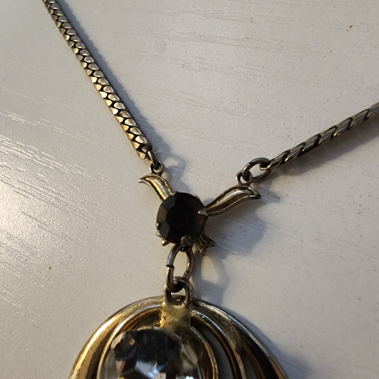 Vintage Silver Tone With Large Faux Diamond Black Rhinestones Necklace 2 Circles