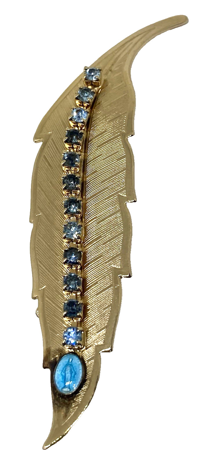 VINTAGE Gold tone LEAF Rhinestone Brooch with Blue Saint, Catholic/Religious Pin