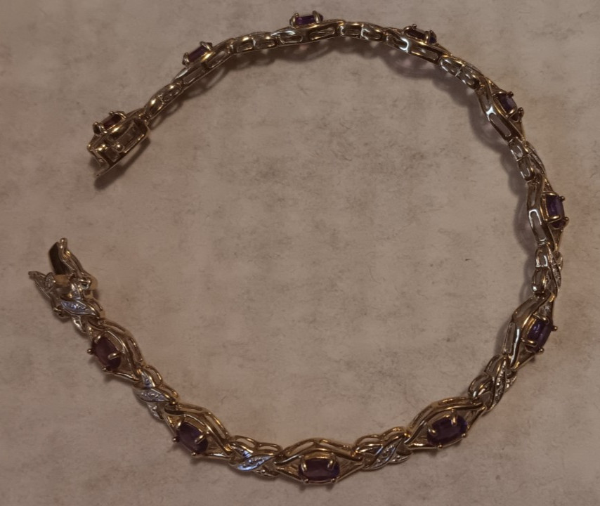 Vtg Avon RJ 8″ Bracelet 925 Sterling Silver Gold Tone w/ Amethyst Colored Stones