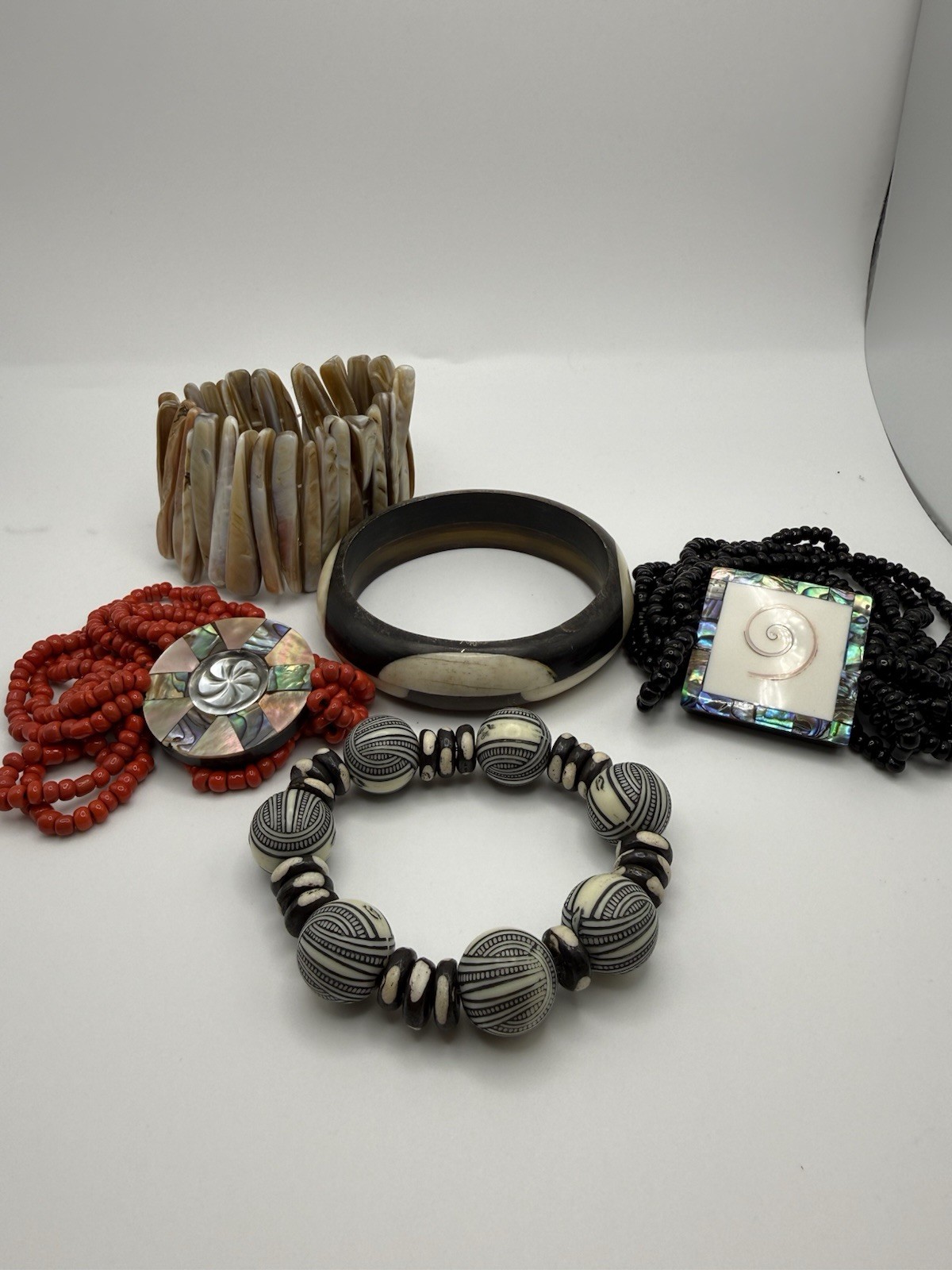 Vintage Boho Bracelet Lot Wood Acrylic Shell