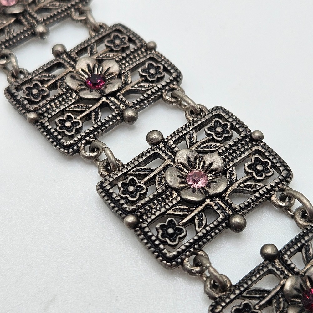 VINTAGE Art Deco Filigree Rhinestone Flower Articulated Panel Link Bracelet