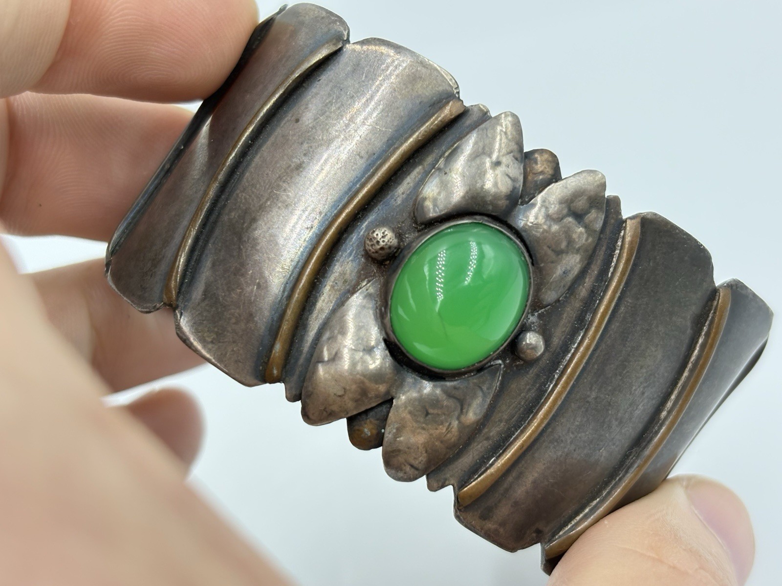 Antique Arts & Crafts Sterling Silver Mixed Metal Green Chalcedony Cuff Bracelet
