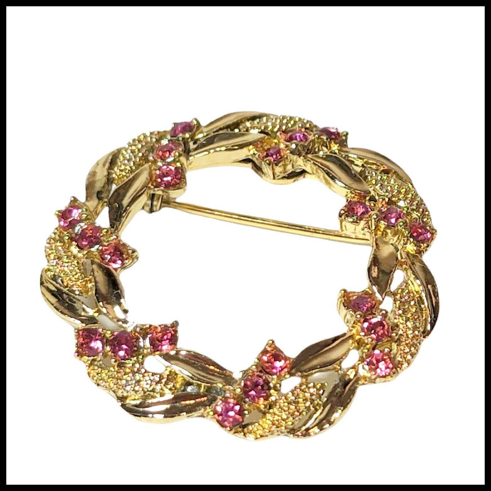 Vintage Signed Garry’s Brooch Gold Tone Pink Rhinestones Wreath Circle Floral