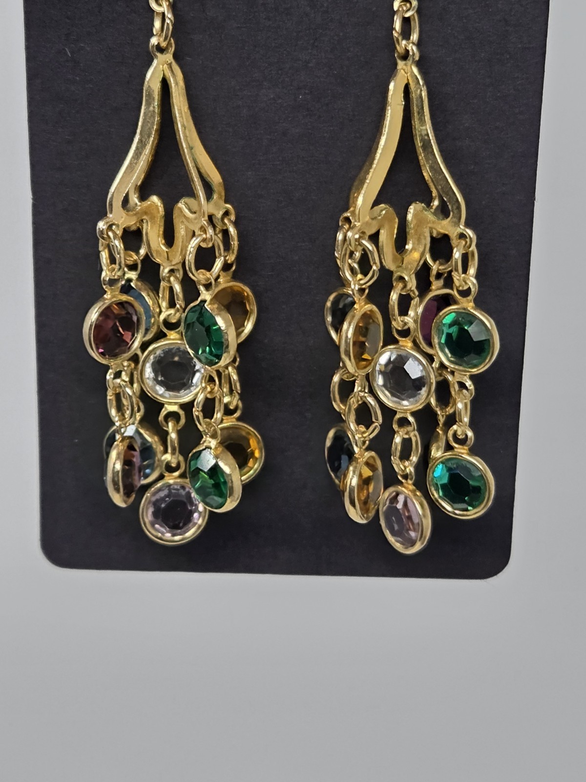 Multicolor Bezel Crystal Dangle Drop Earrings Multi-strand Vintage Unsigned