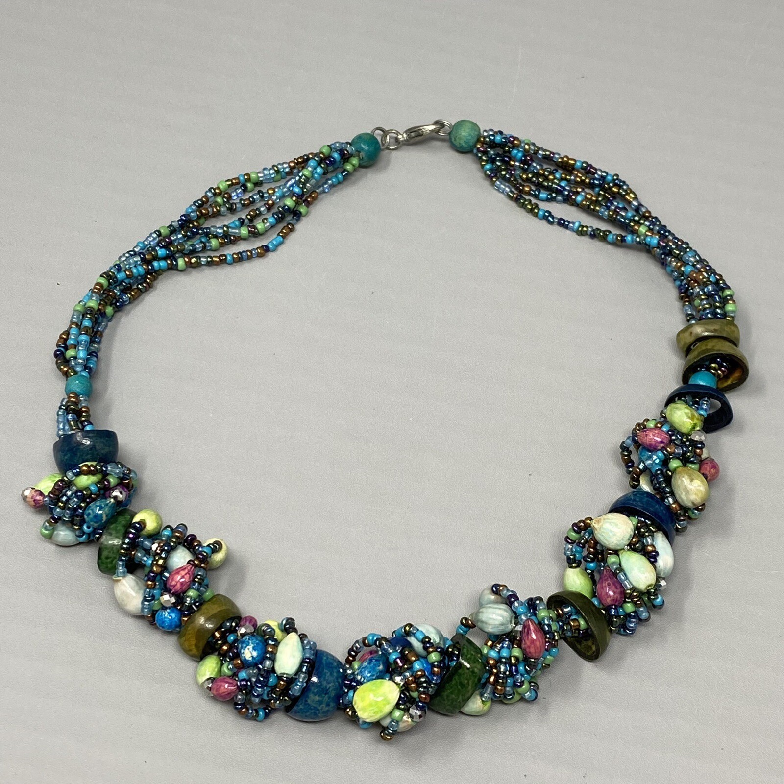 Boho Necklace Vintage Blue Multicolor Seed Bead Dyed Nut Multi Strand Collar 19″
