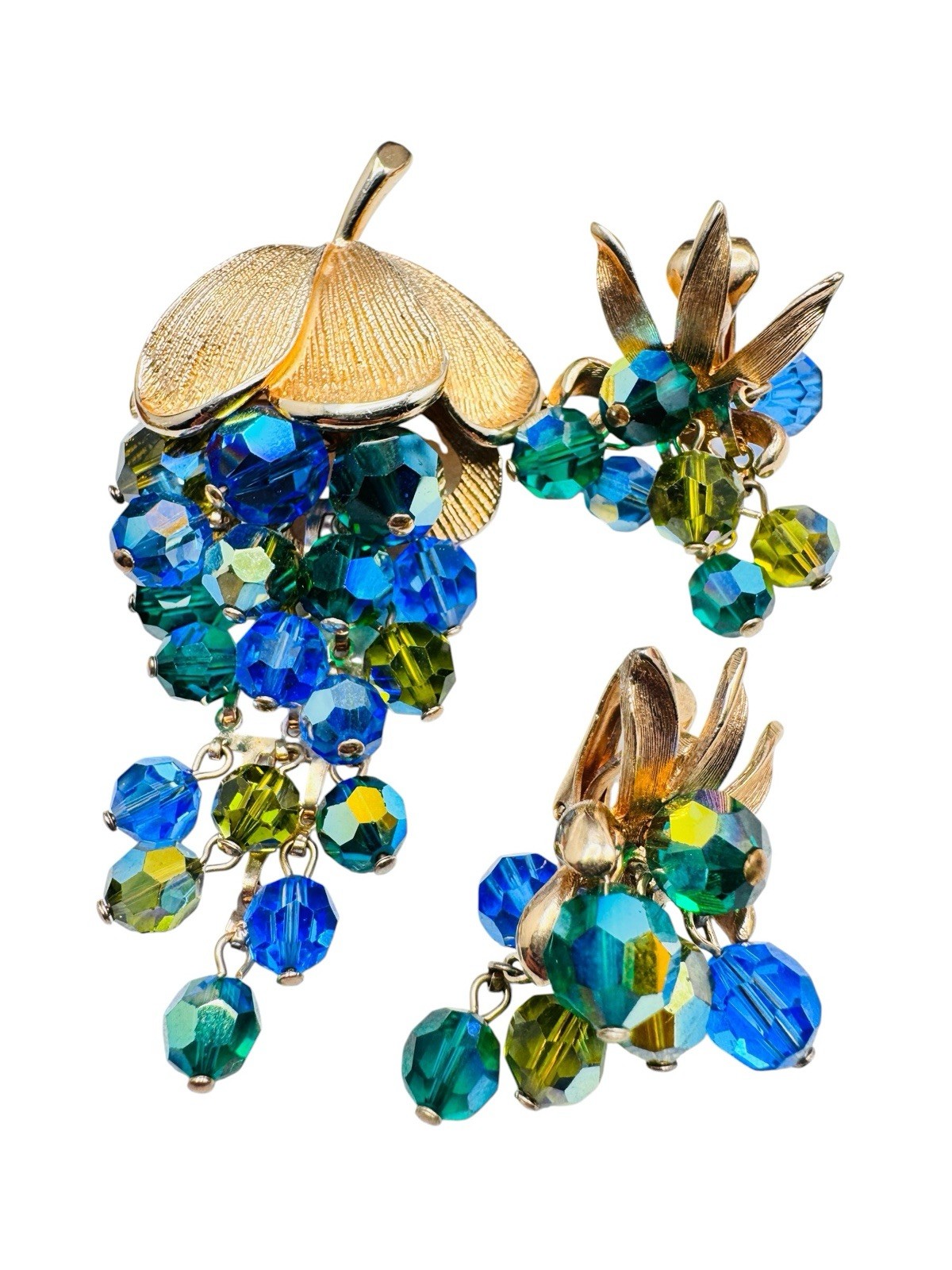Vintage Schrager Blue Green AB Glass Dangle Bead Necklace Brooch Earrings Set
