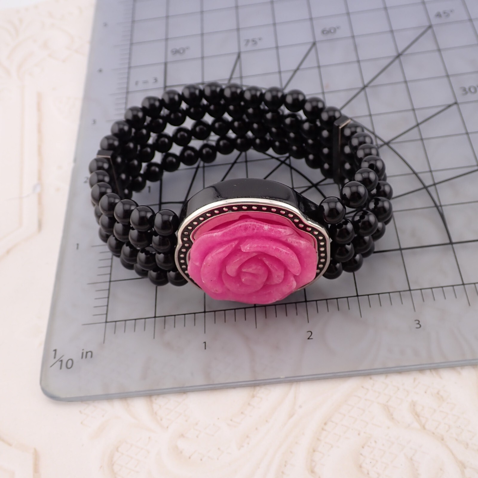 1990’s HSN Black Onyx Quartz Carved Rose 4 in 1 Magnet Interchangable Bracelet