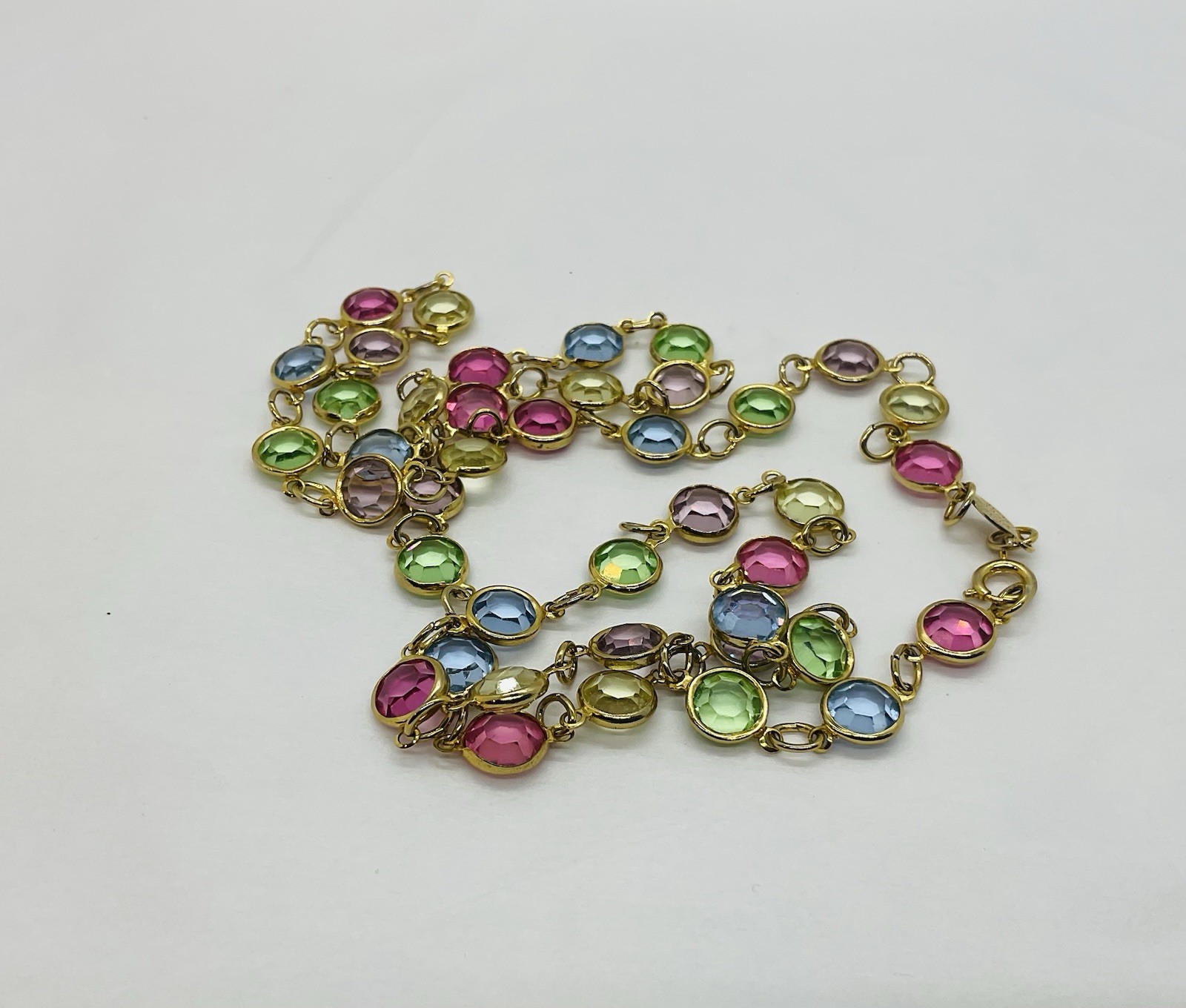 Austrian Crystal USA Tone Bezel Necklace, Multicolor Pastel Crystal 14 Inch