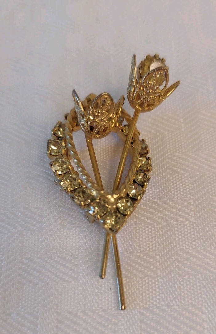 Vtg Gold-tone Lime Green Yellow Rhinestone Dual Flower Pin/Brooch Filigree