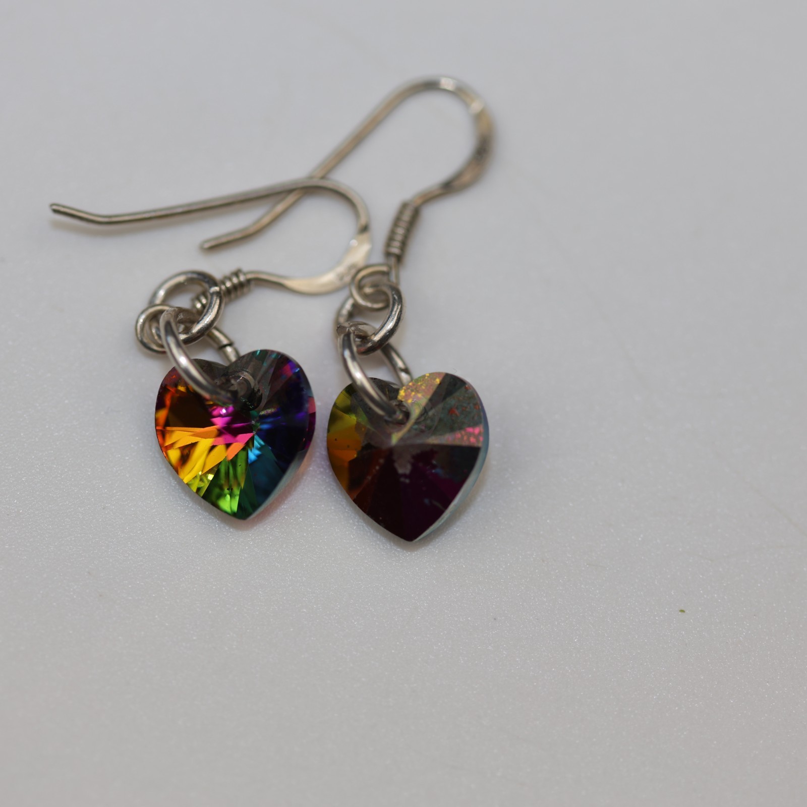 Rainbow Heart Shaped Gemstone Dangle Earrings Sterling Silver
