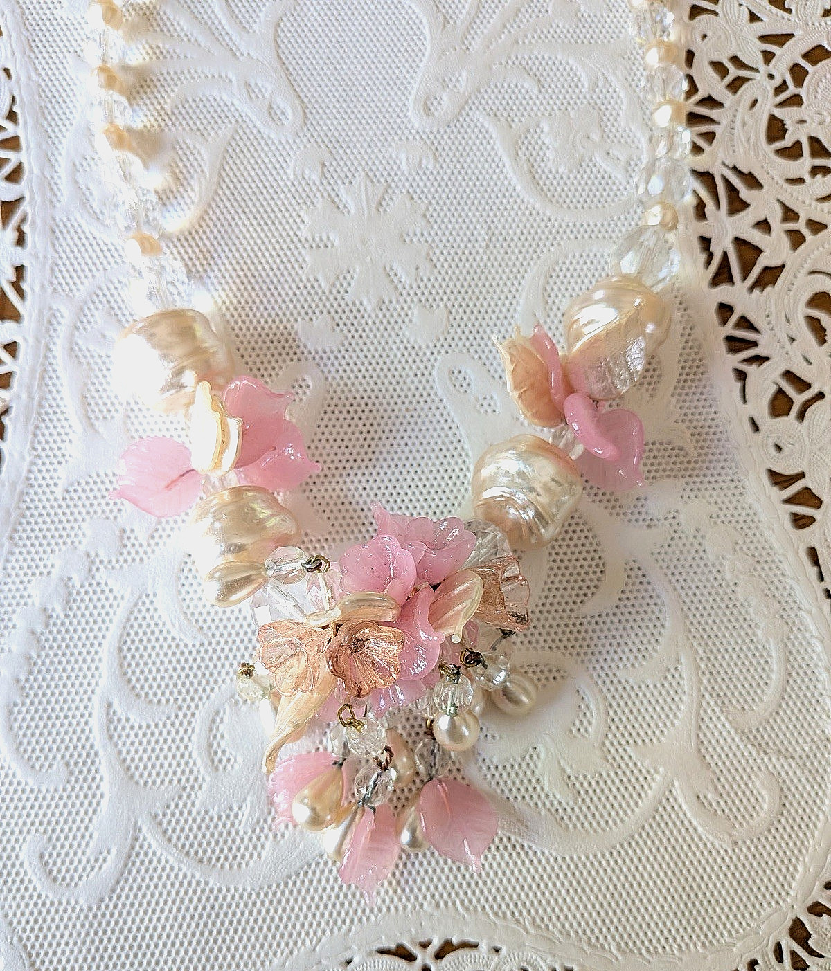 Vintage Venetian Necklace Pink, Clear, & Faux Pearl Flower Bead Art Glass 17″