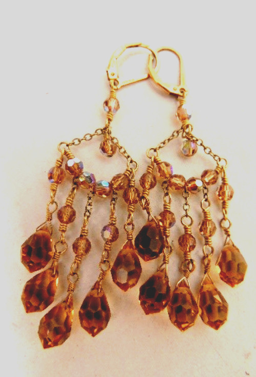 Vintage 14K Gold Filled Dangle Multi Faceted Earrings Amber/Brown Crystals