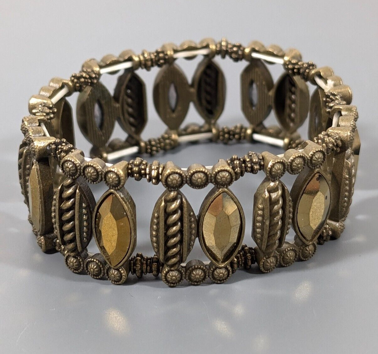 Bronze Tone Rhinestone Marquise Tribal Western Stretch Bracelet 6.5 in