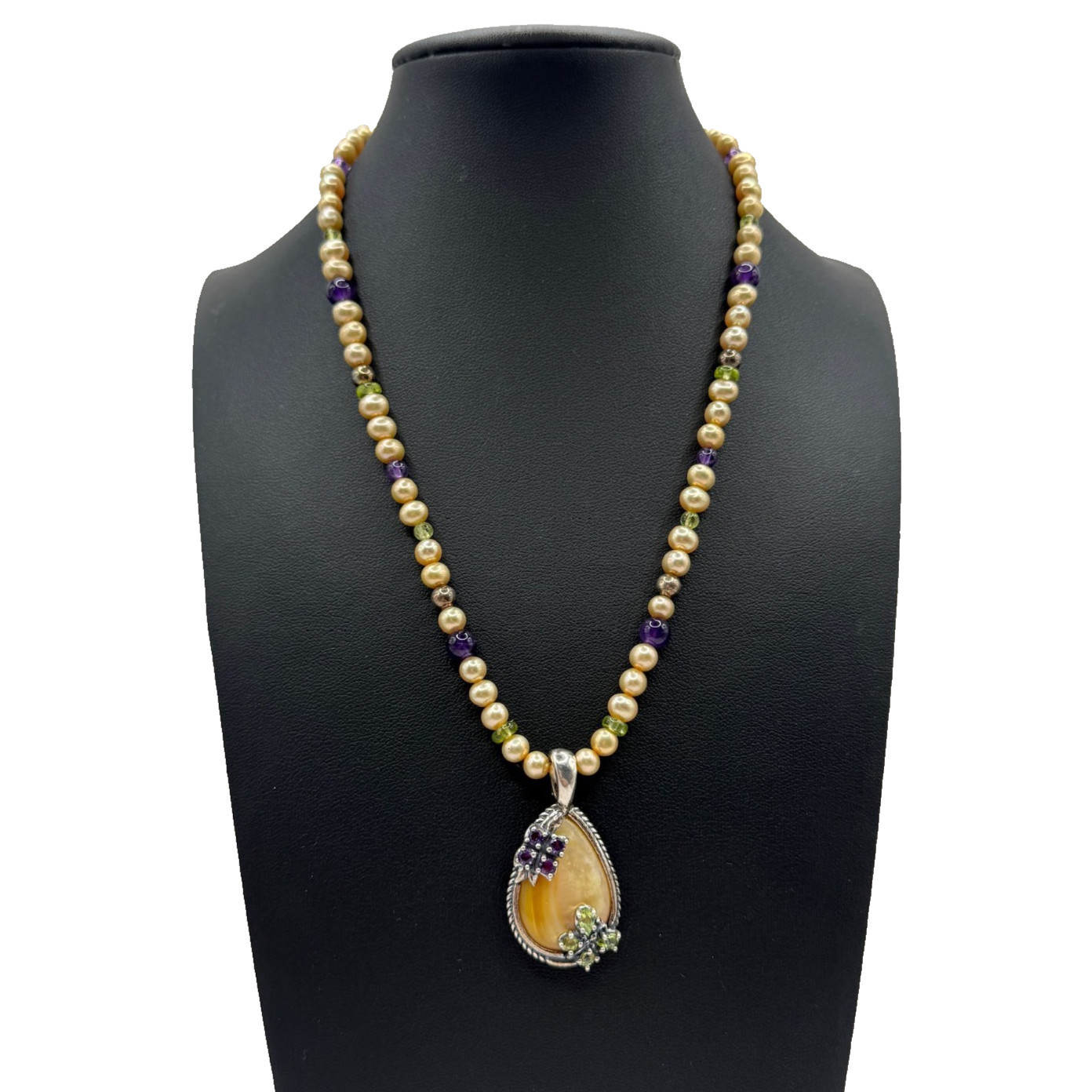 VTG Carolyn Pollack Gold MOP Peridot Amethyst Beaded Pendant Necklace 925 Silver