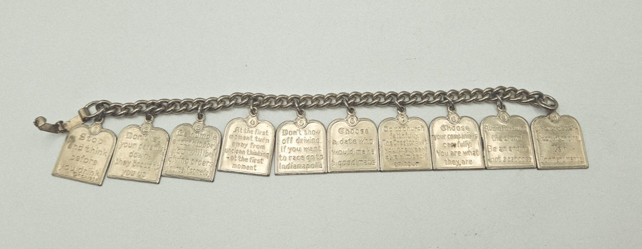RARE Vintage 10 Teen Commandments Charm Bracelet Silvertone 1950s Paul Anka Song
