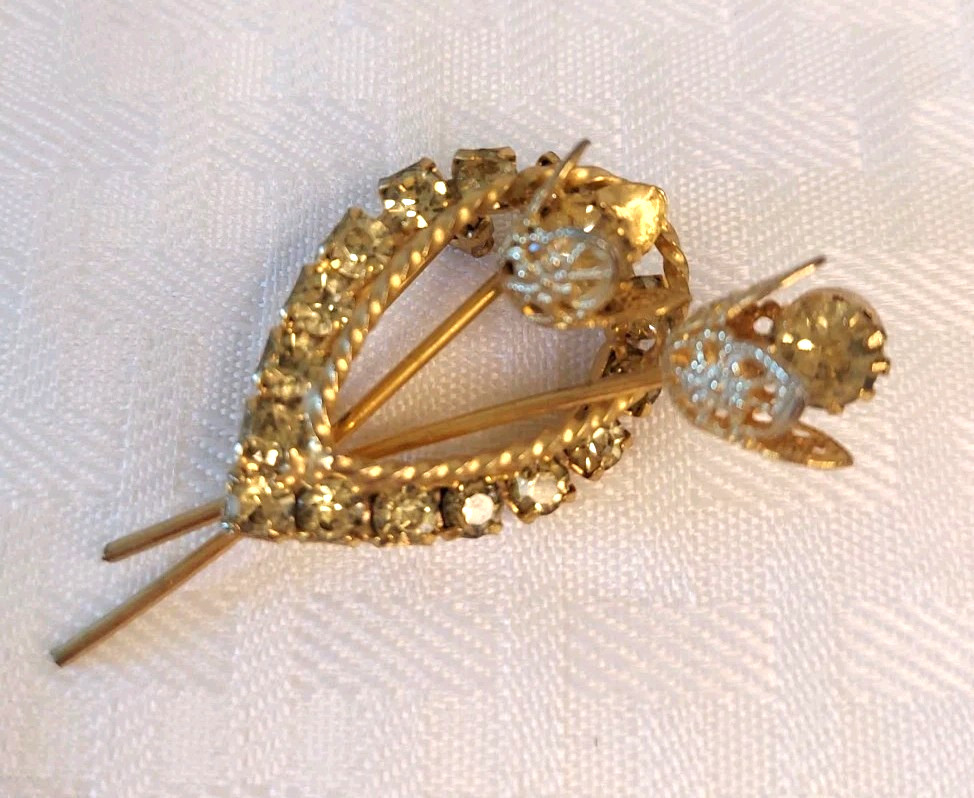 Vtg Gold-tone Lime Green Yellow Rhinestone Dual Flower Pin/Brooch Filigree