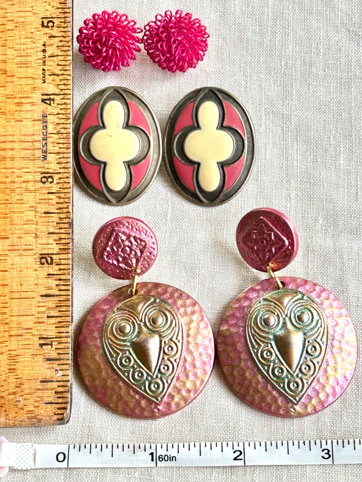 Vintage Earrings Lot of 3 Pairs 60s-80s Boho Tribal Enamel Pink Wire Hoop Studs