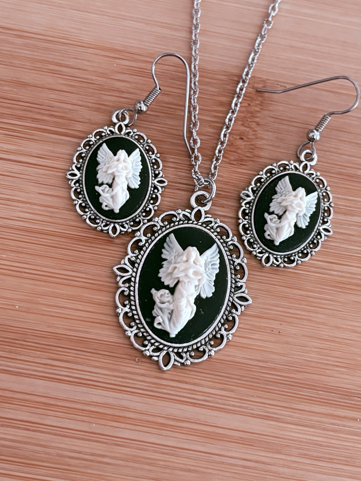 Guardian Angel Cameo Necklace & Earring Set, Vintage Style Pendant, Cream/Black