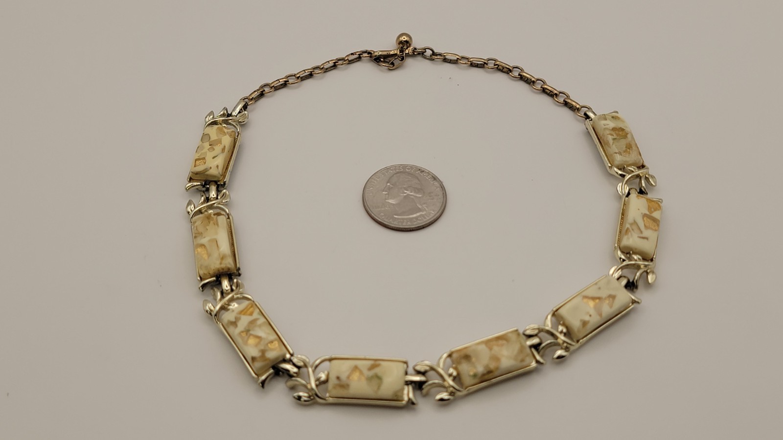 Vintage Thermoset Lucite Coro Off White Confetti Necklace Gold tone