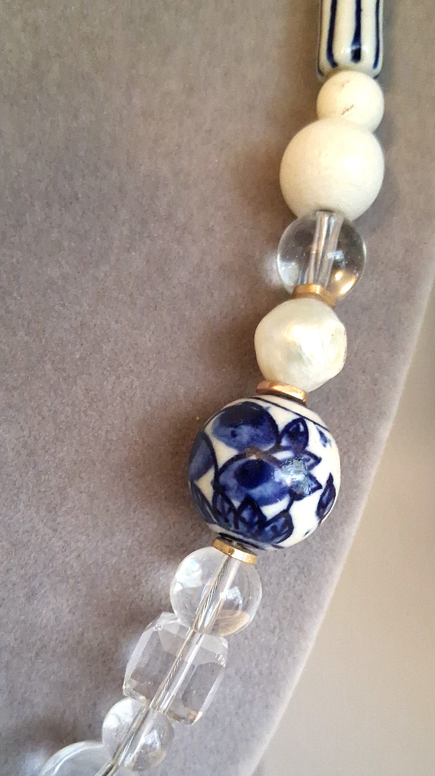 Vintage Goldtone Blue White Ceramic White Wood Clear Lucite Beaded Necklace 31″