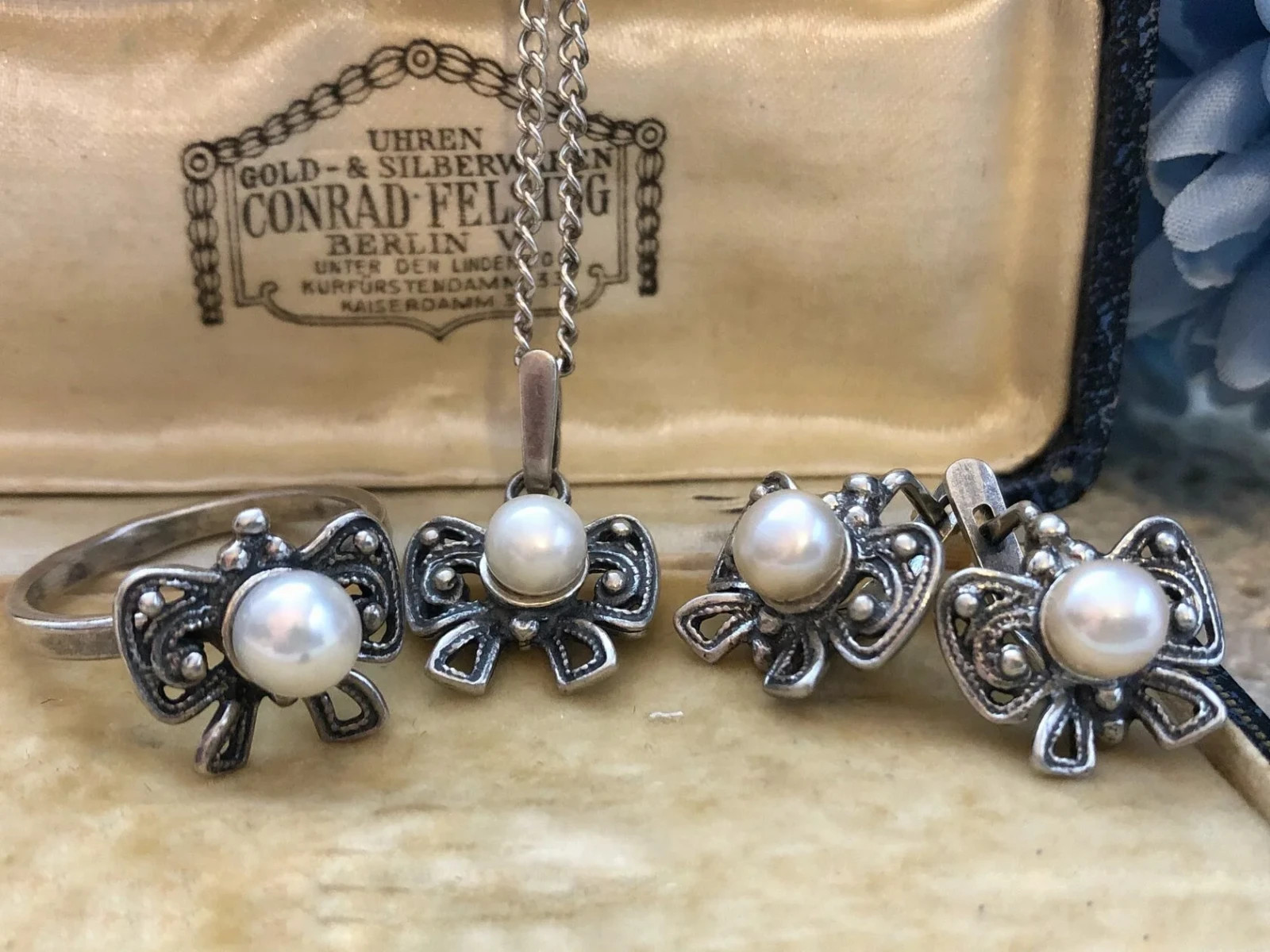 Estate Vintage Soviet Set Earrings Ring & Pendant Sterling Silver 925 Pearl USSR