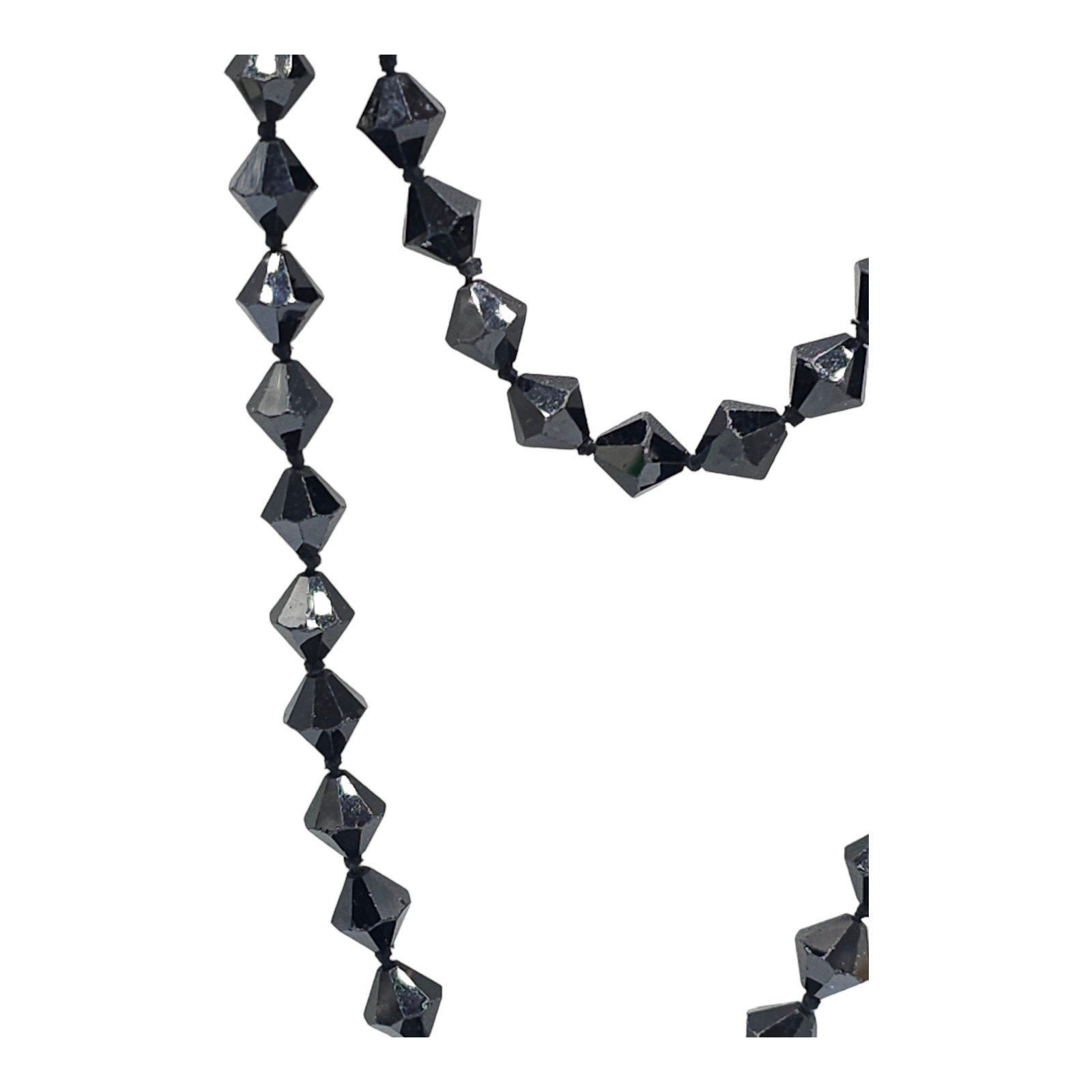 Black Bicone Crystal Cut Beaded Long Hand Knotted No Clasp Necklace Vintage