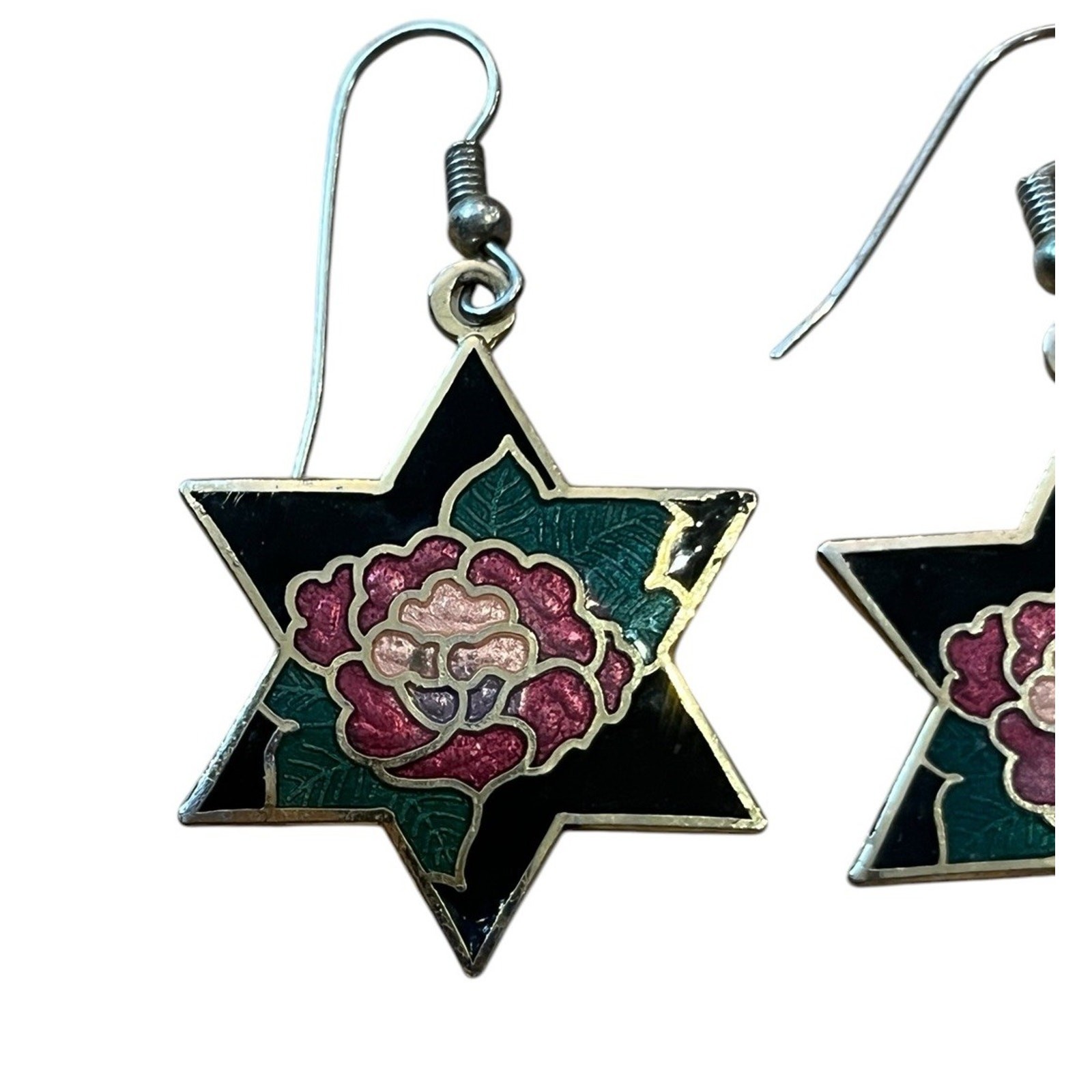 VTG Cloisonné Enamel Earrings Stars Black Roses 1 7/8” Gold Colored Metal 1980s