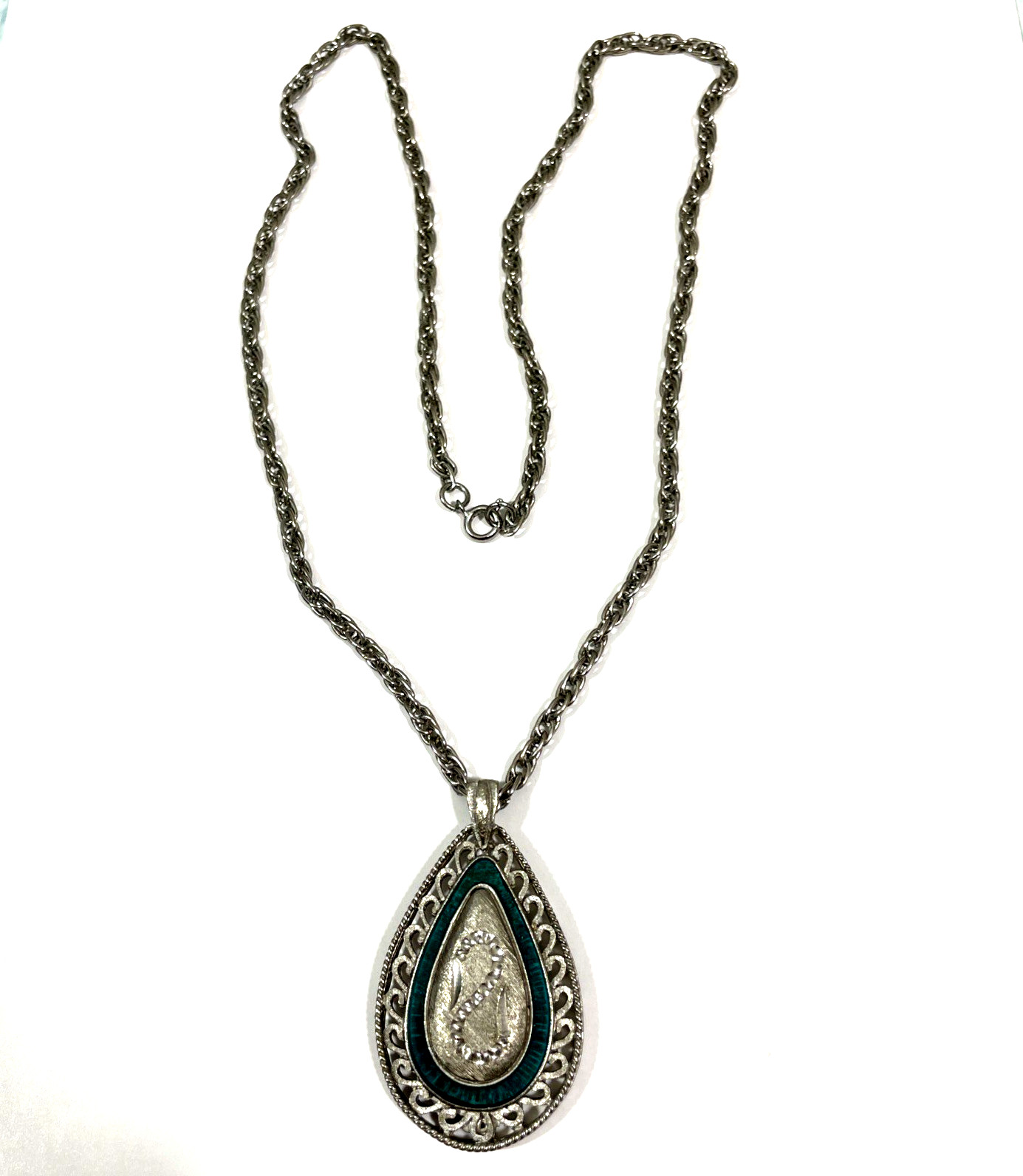 Vtg Silver Tone Teardrop Pendant Necklace Etched Estate Jewelry Signed Revere