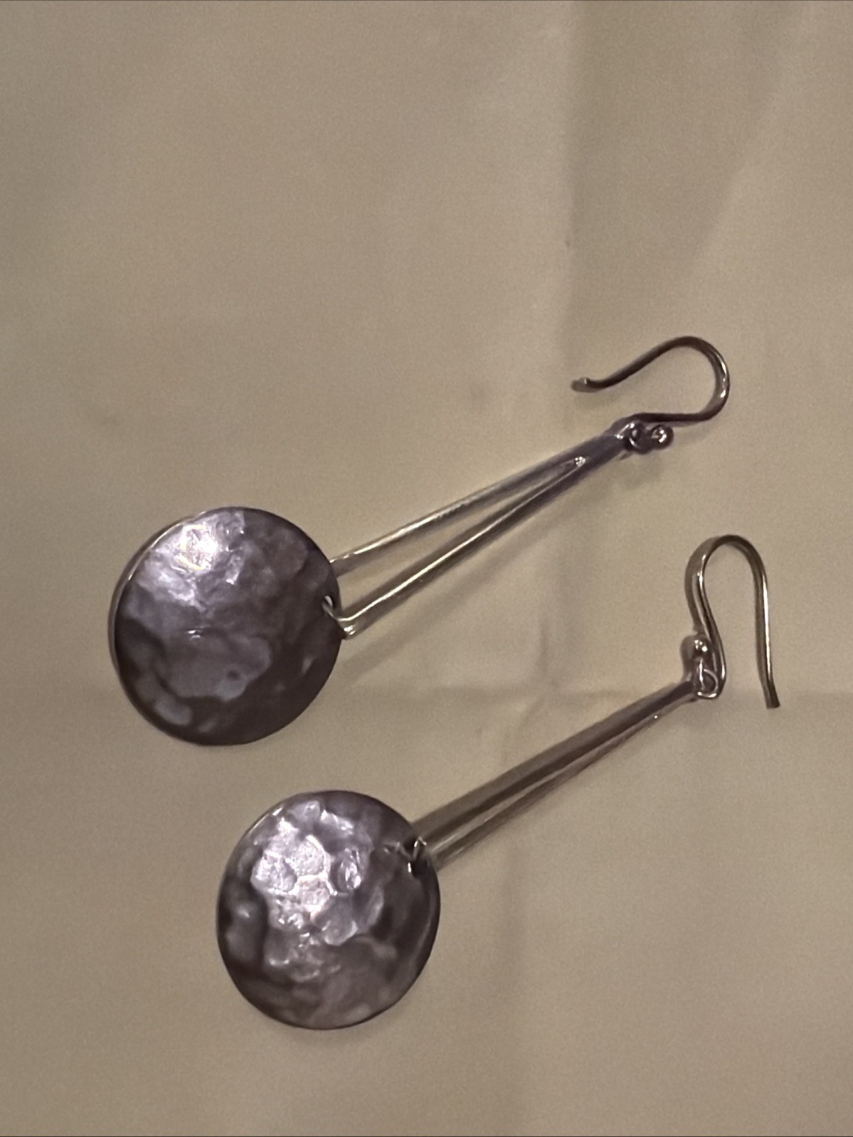 VTG Signed ATI Mexico 925 sterling silver hammered drop hoop Earrings Taxco 3”