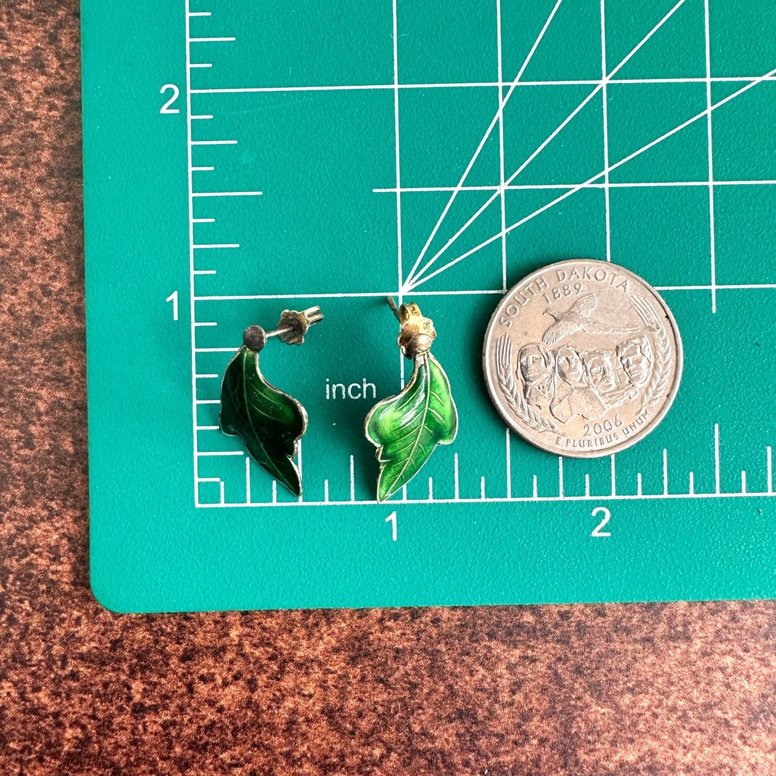 1950s Sterling Silver Green Enamel Leaf Earrings Gold Wash Two Tone Post Backs