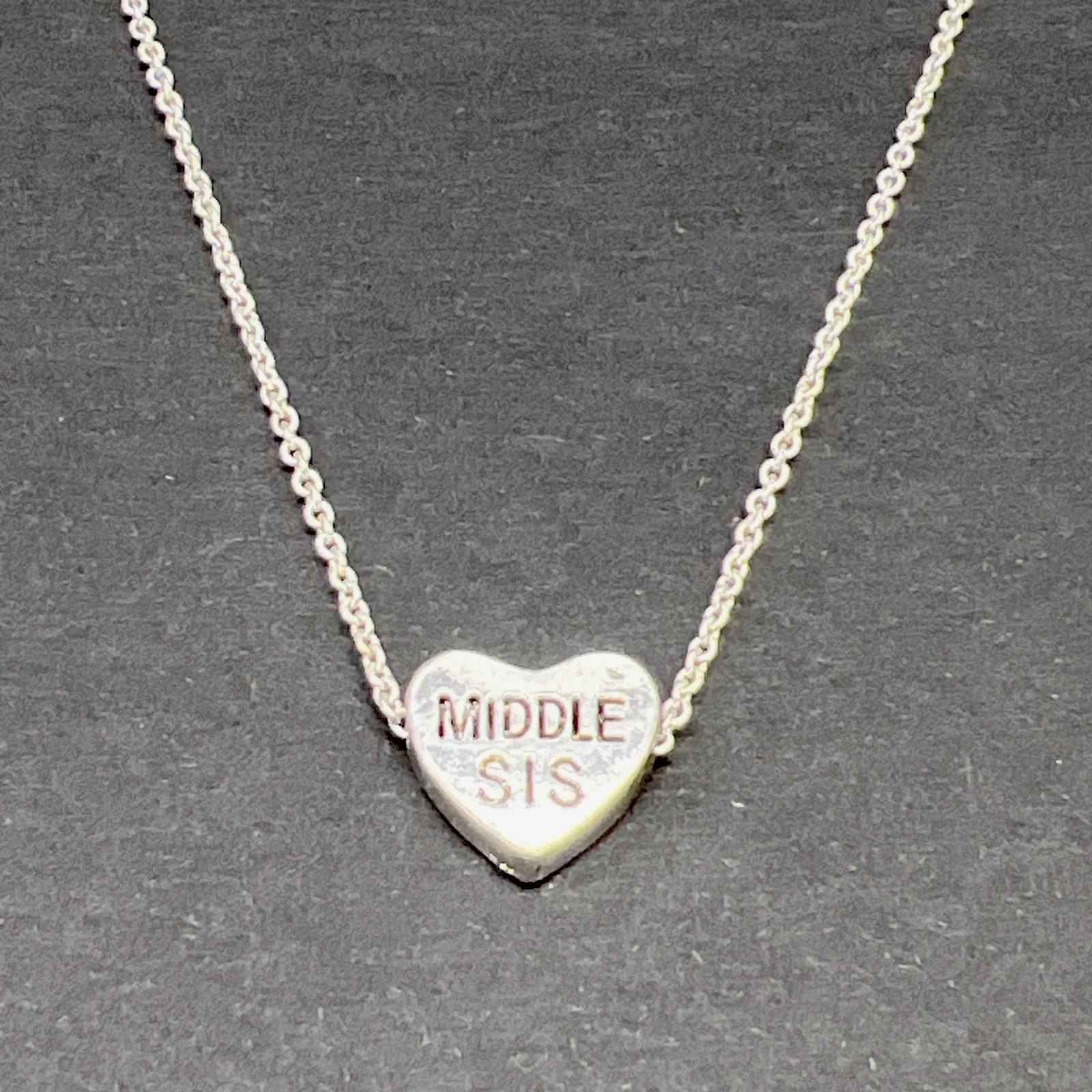 Claire’s MIDDLE SIS Sliding Heart Pendant Necklace Vintage Silver Tone 18”