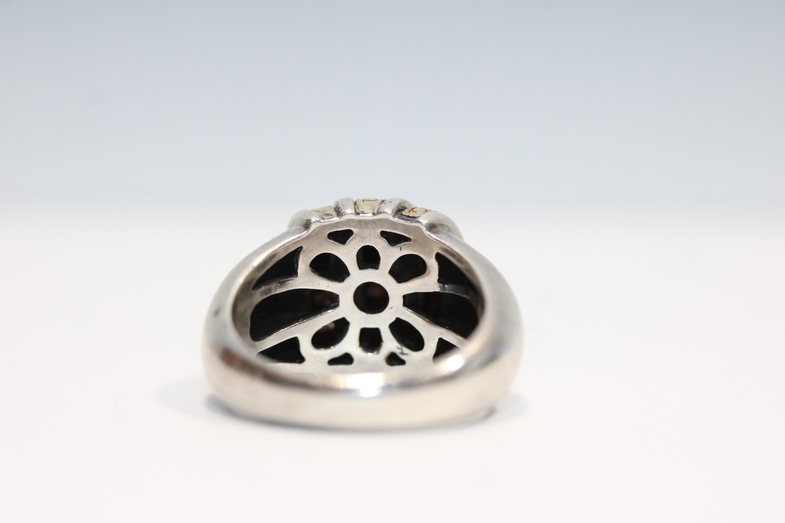 925 Sterling Silver 14K Gold Vintage Modernist Ribbed Dome Ring Size 7