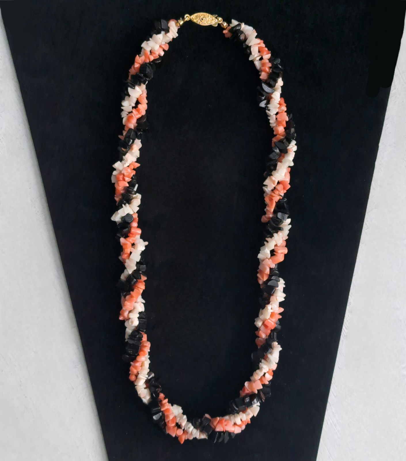 Gorgeous Pink Angelskin/Black/White Coral Necklace 19″ w/ Antique Fishhook Clasp