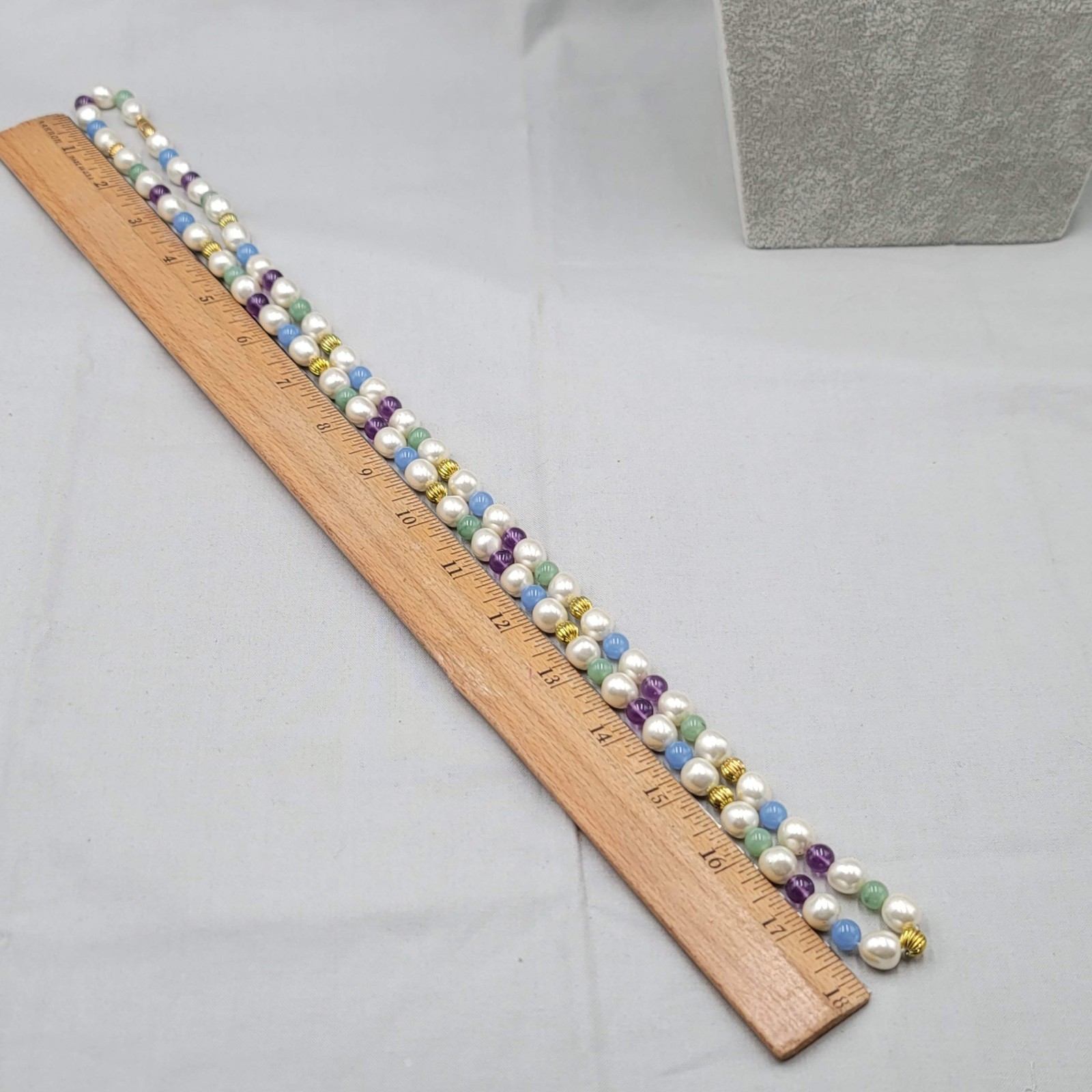 Vintage White Purple Green Bead Necklace Estate Costume Jewelry 36 in
