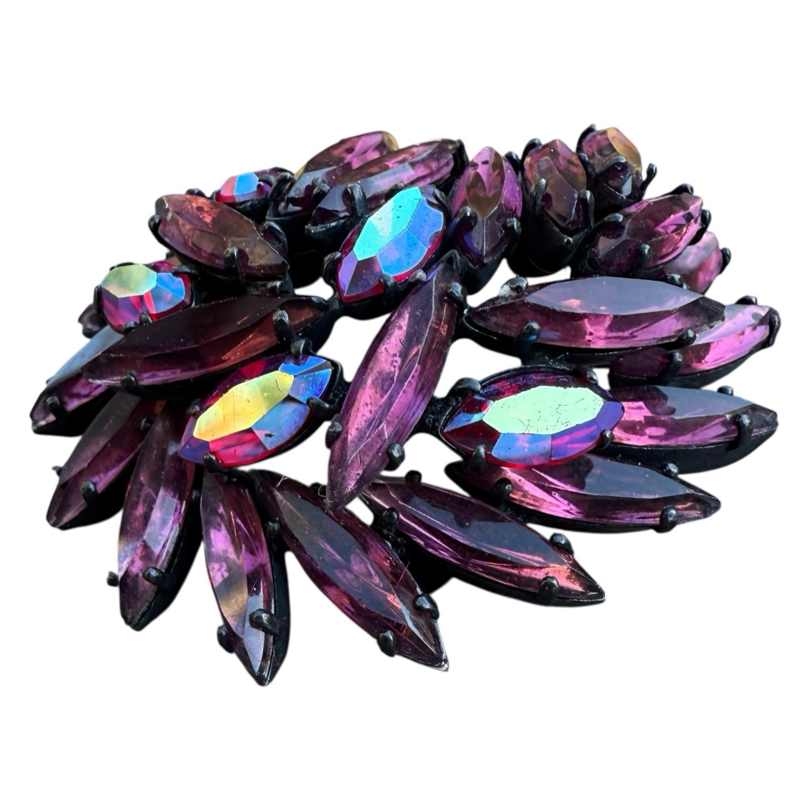 Vintage Signed REGENCY Purple Pink Navette Red AB Rhinestones Brooch Japanned