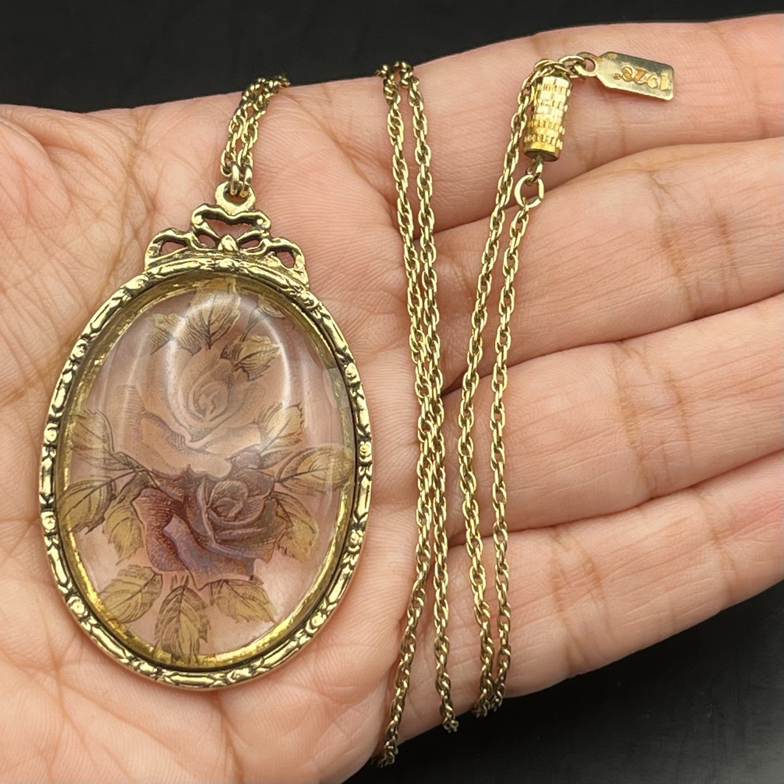 1928 Jewelry Victorian Style Rose Pendant Necklace Gold Tone Glass *READ NOTES