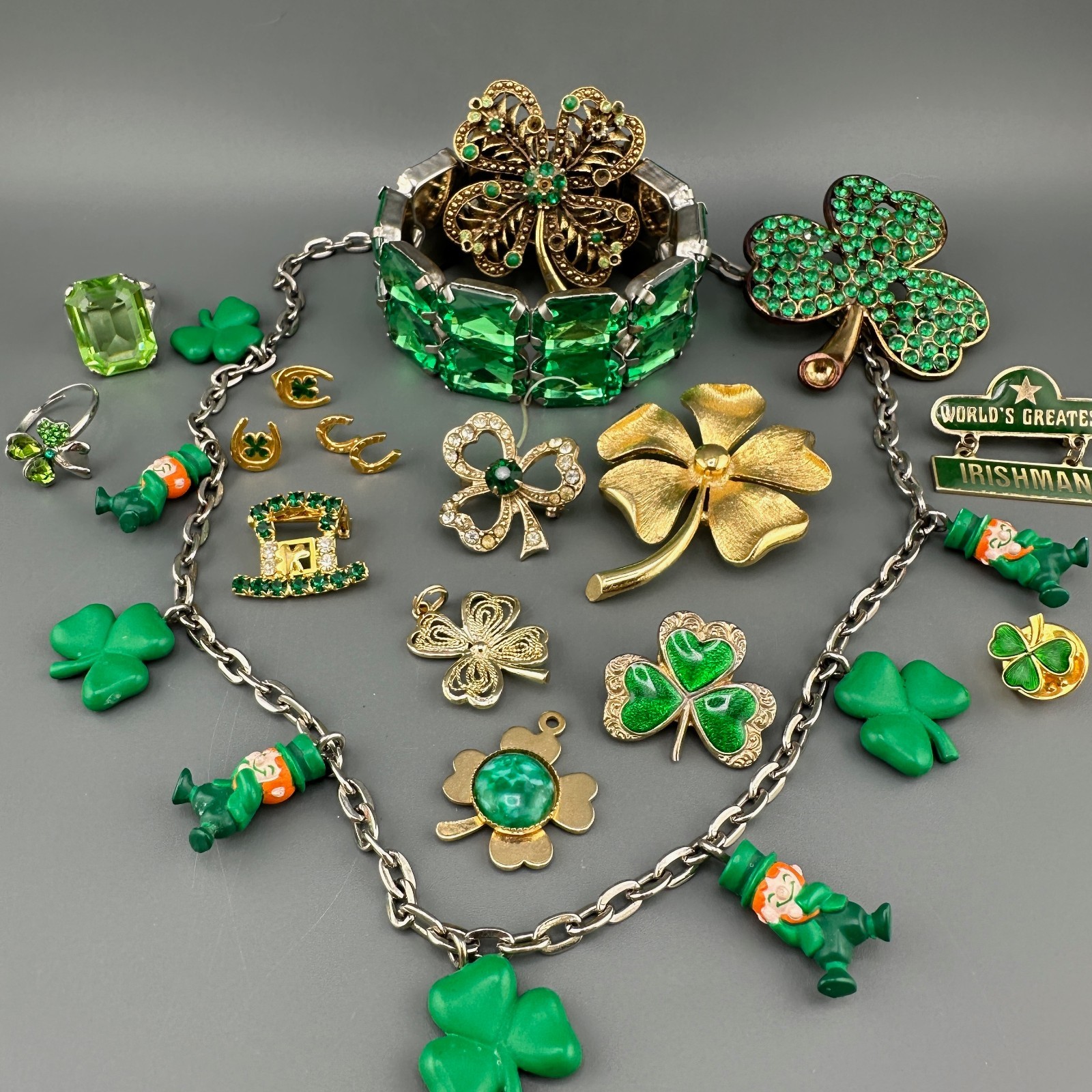 Vintage St. Patricks Day Jewelry Lot Shamrock Brooches Leprechaun Necklace Rings