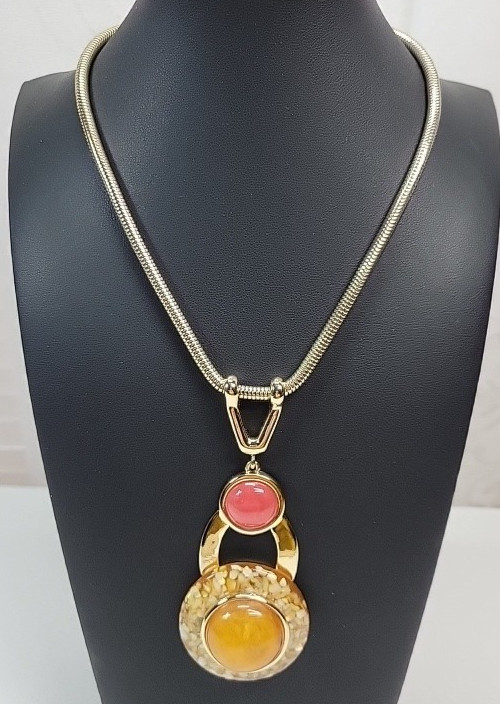 Chico’s Gold Tone Statement Necklace Pink, Orange, Lucite Cream Pendant 16″