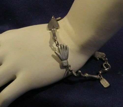 Vintage 7″ Signed JIM CLIFT PEWTER Link Bracelet w GARDENING Charms CUTE