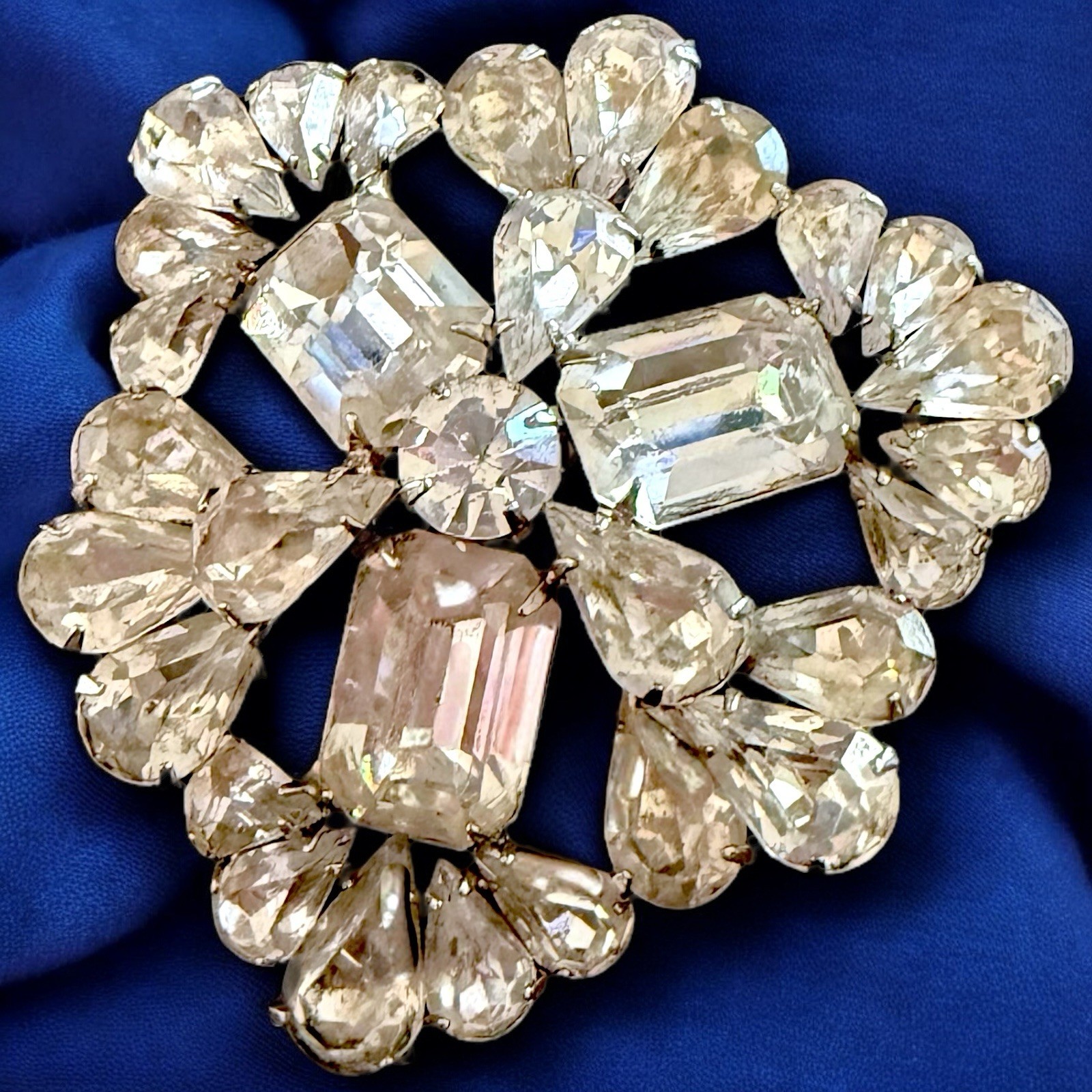 Extra Large Rhinestone Brooch Pin Mid Century Floral Spray Clear Rhodium Plated