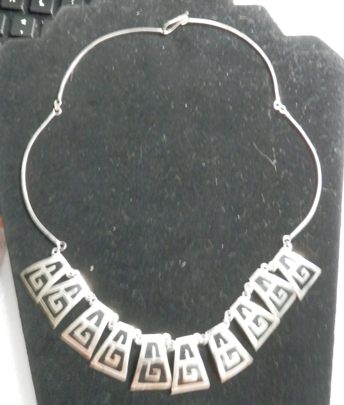 Mexico Alpaca Silver Greek Key Bib Necklace • Choker Bar Link Chain 19″ Enamel