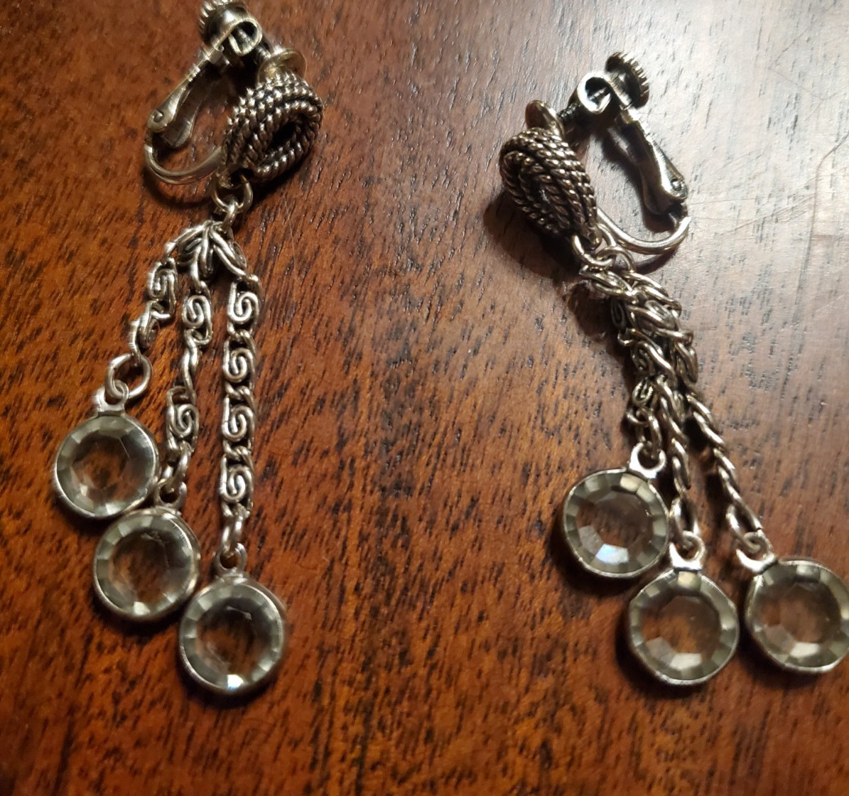 Vintage Goldette 3-chain Drop Adjustable Clip-On Earring with Smoky Crystals
