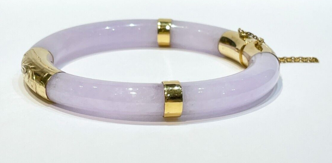 Vintage Lavender Jade Hinged 14k Yellow Gold Bangle Bracelet 8.4 mm 7″ inch