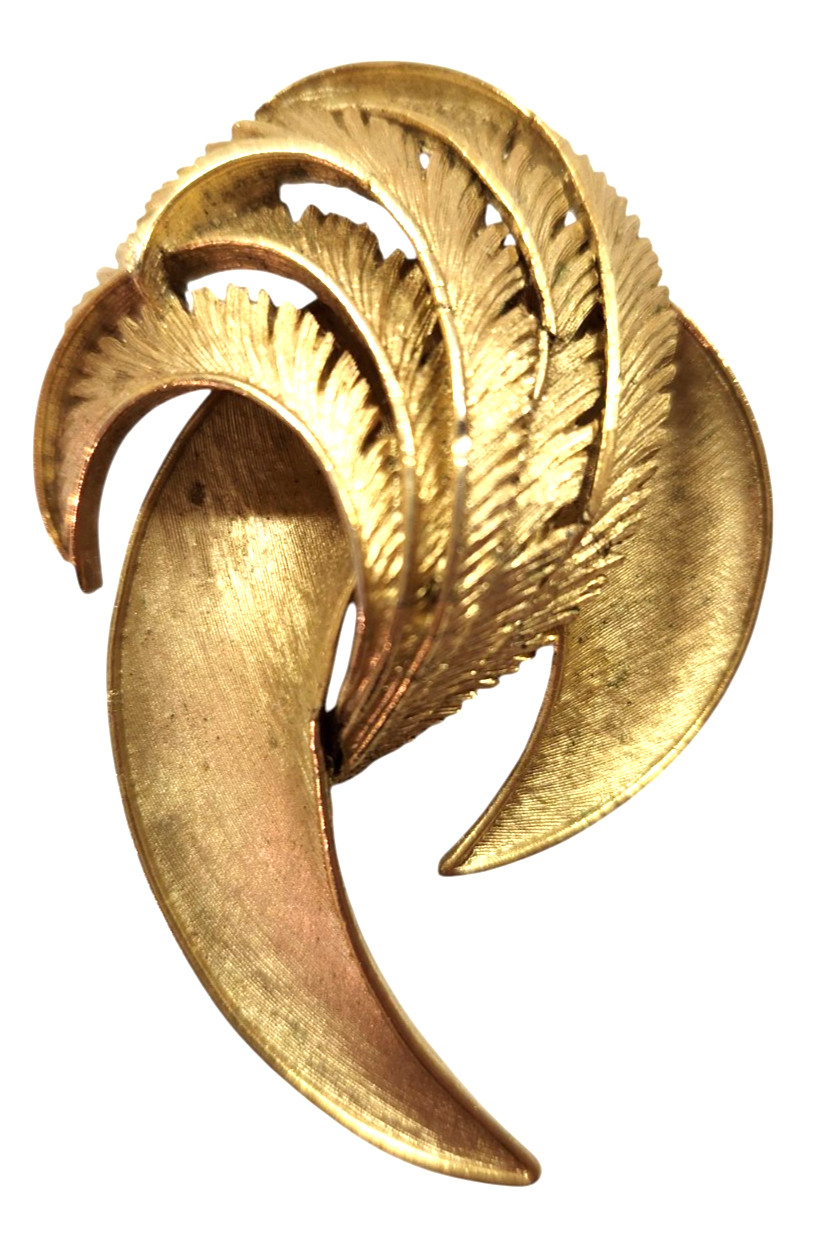 Vintage Trifari Gold Colored Metal Feathered Style Brooch Pin Jewelry